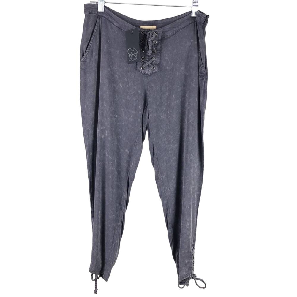 Chaser Gray Purple Heirloom Woven Lace Up Pockets Lightweight Cropped Pants